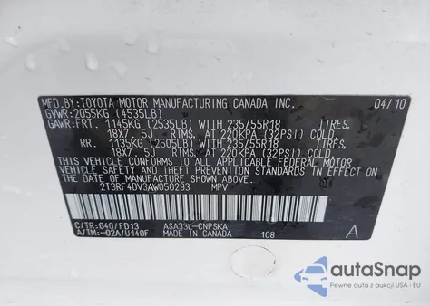 2010 Toyota Rav4 Sport из США, поврежденный, VIN 2T3RF4DV3AW050293